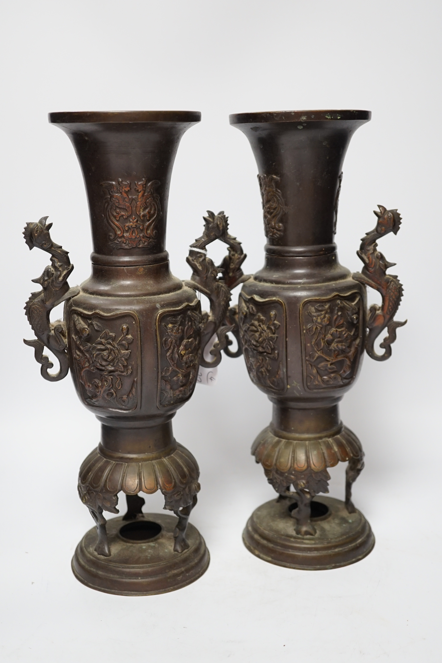 A pair of bronze Japanese vases and two Chinese scroll pictures, vases 35.5cm high